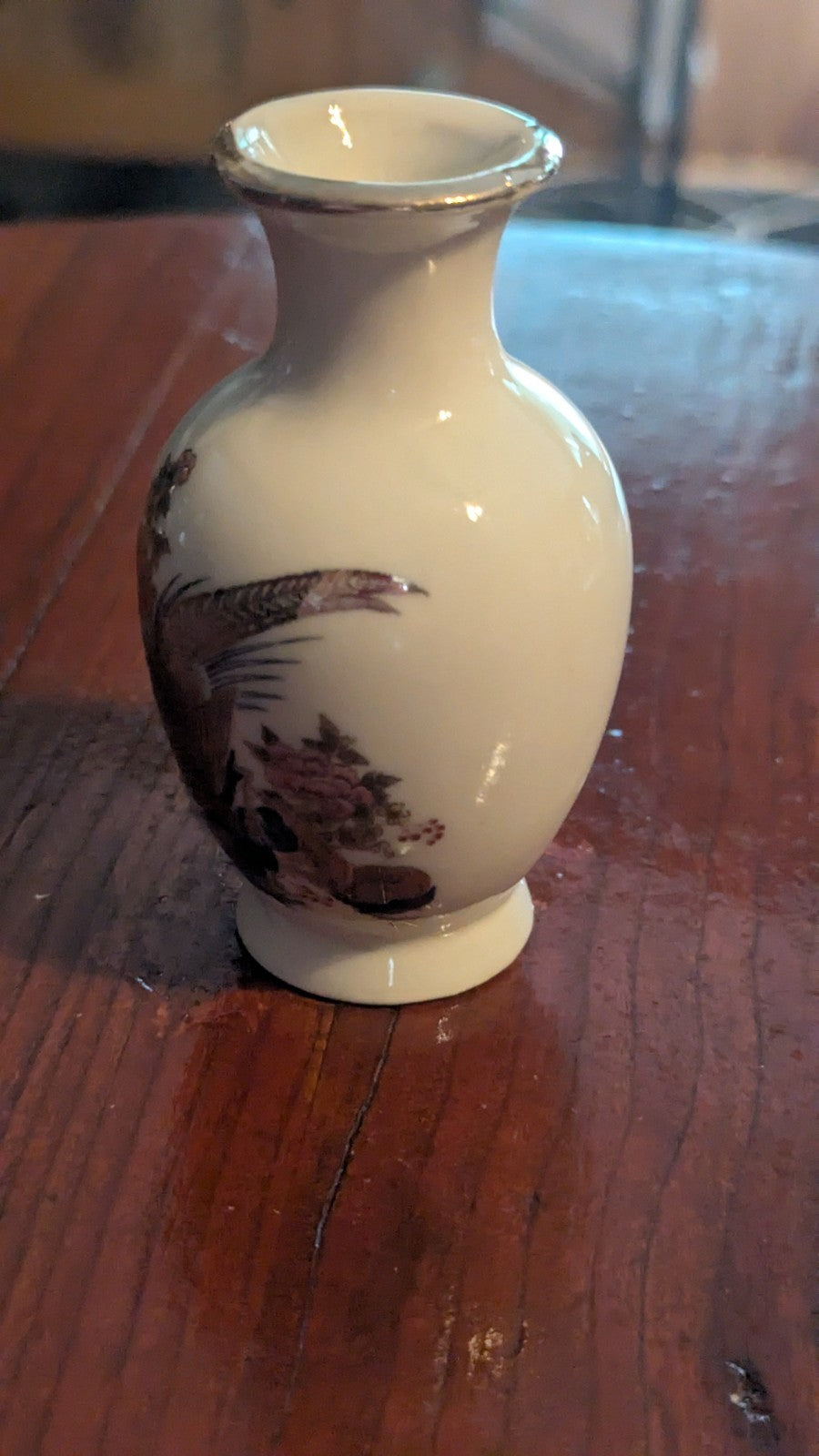 Small White Oriental Vase With Pheasants And Flowers
