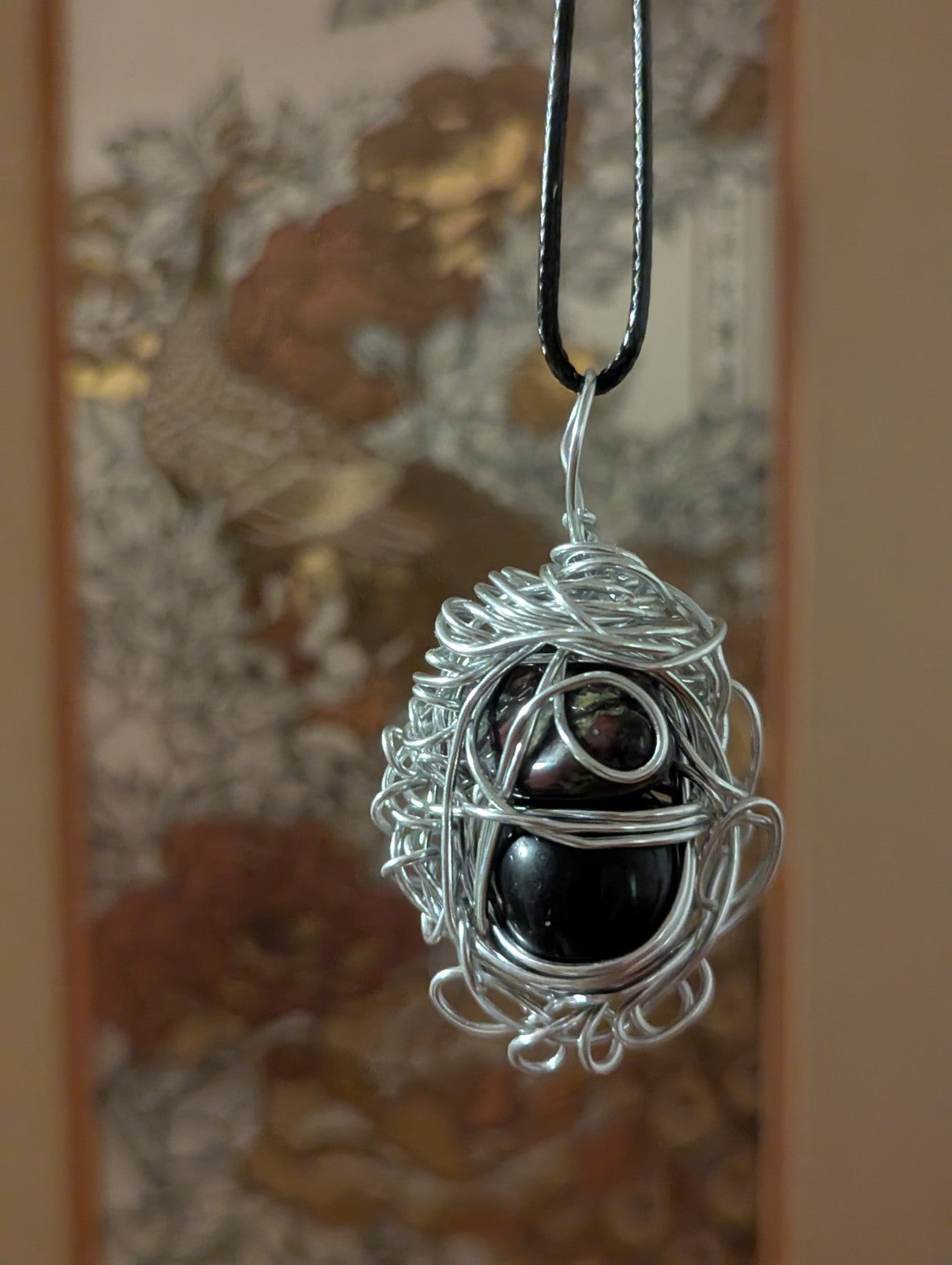 Dragon Blood Jasper and Obsidian Wirewrapped Pendant 