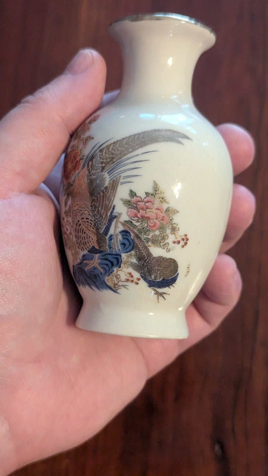 Small White Oriental Vase With Pheasants And Flowers