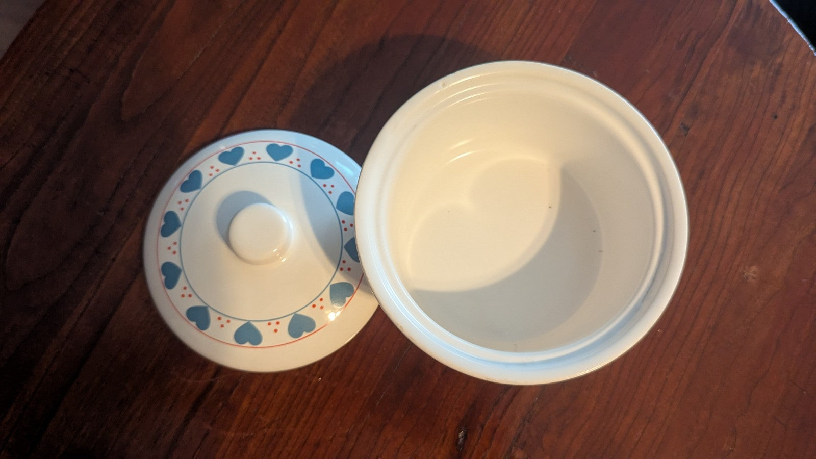 Vintage Sugar Dish, White With Blue Hearts, Cottage & Country Home Design