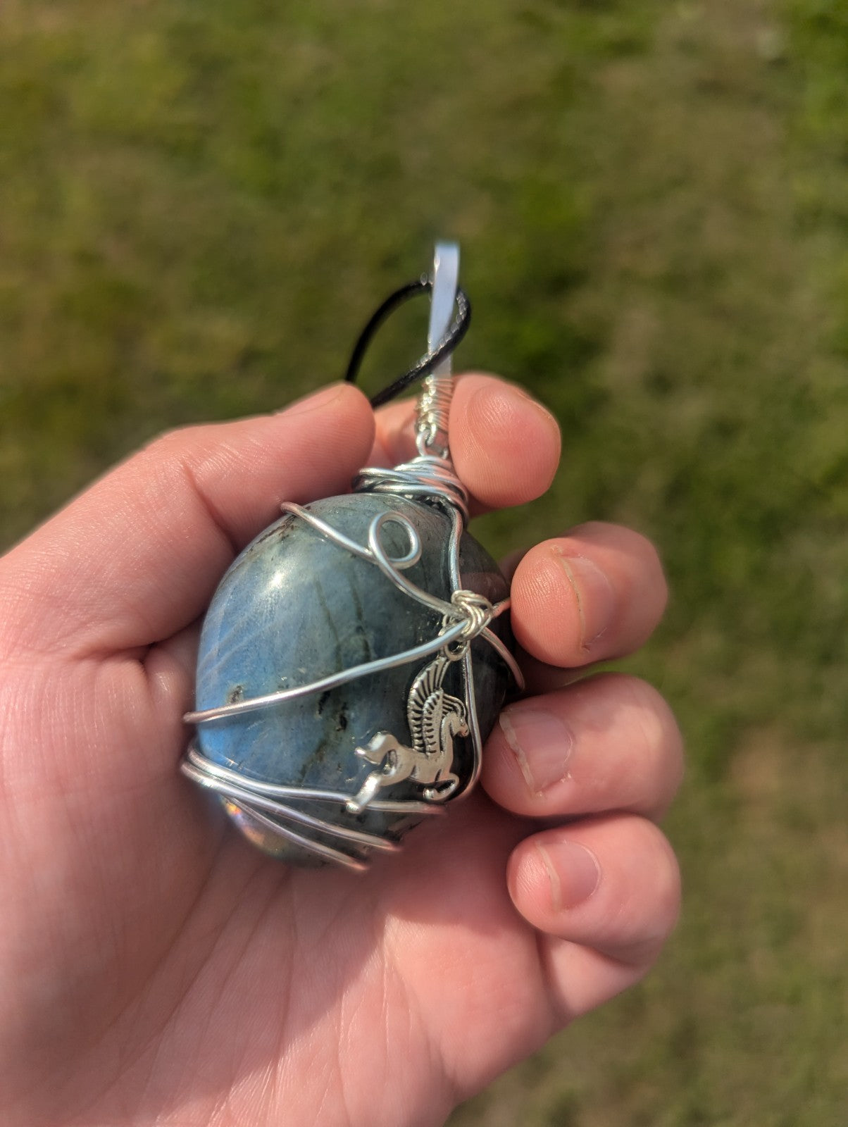 Labradorite Wirewrapped Necklace, Handmade Pendant With Pegasus Charm | Crystal Arborist
