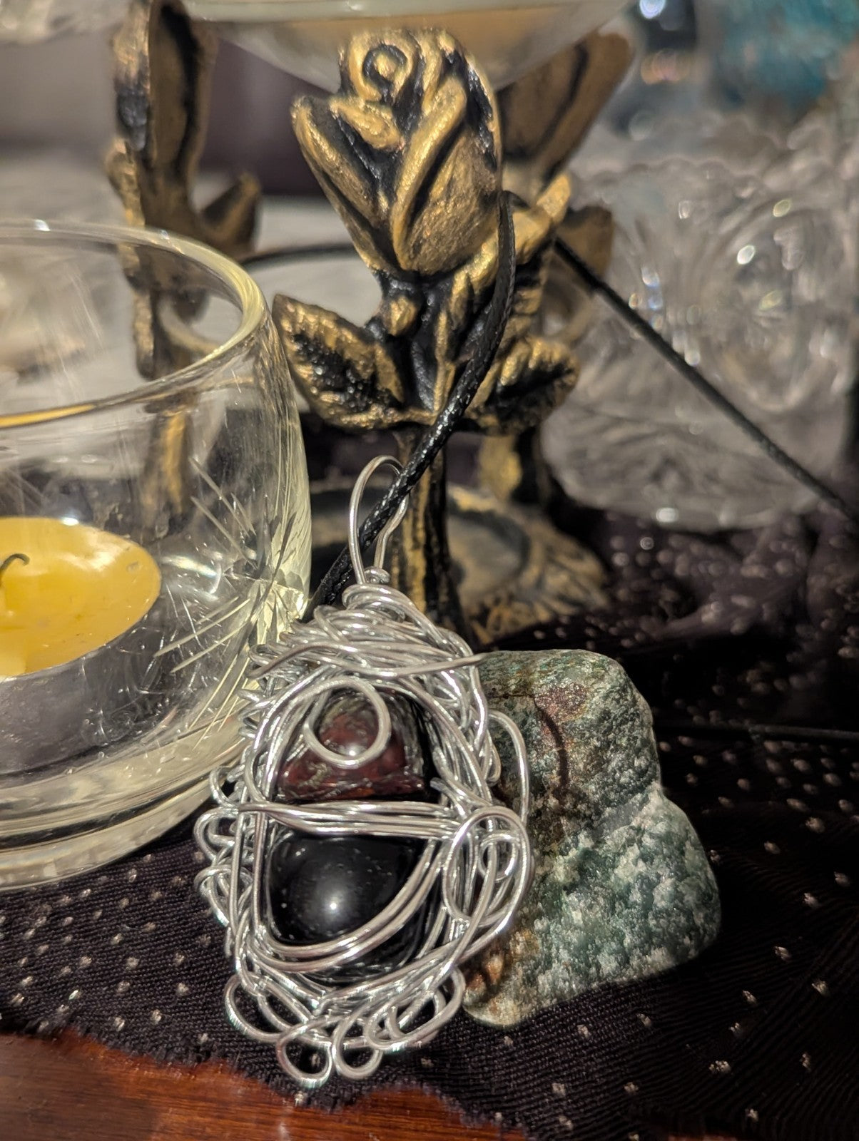 Dragon Blood Jasper and Obsidian Wirewrapped Pendant 