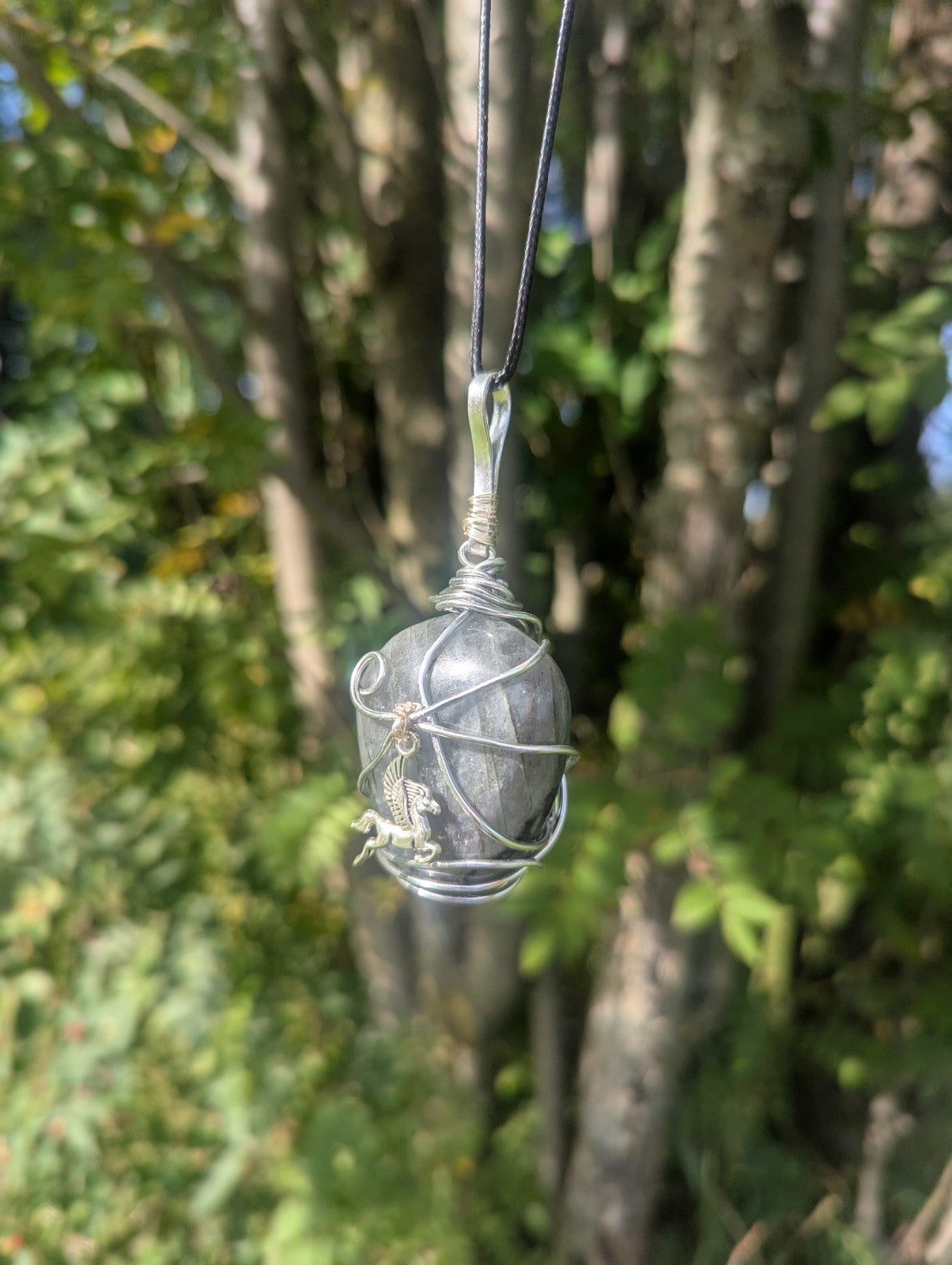 Labradorite Wirewrapped Necklace, Handmade Pendant With Pegasus Charm