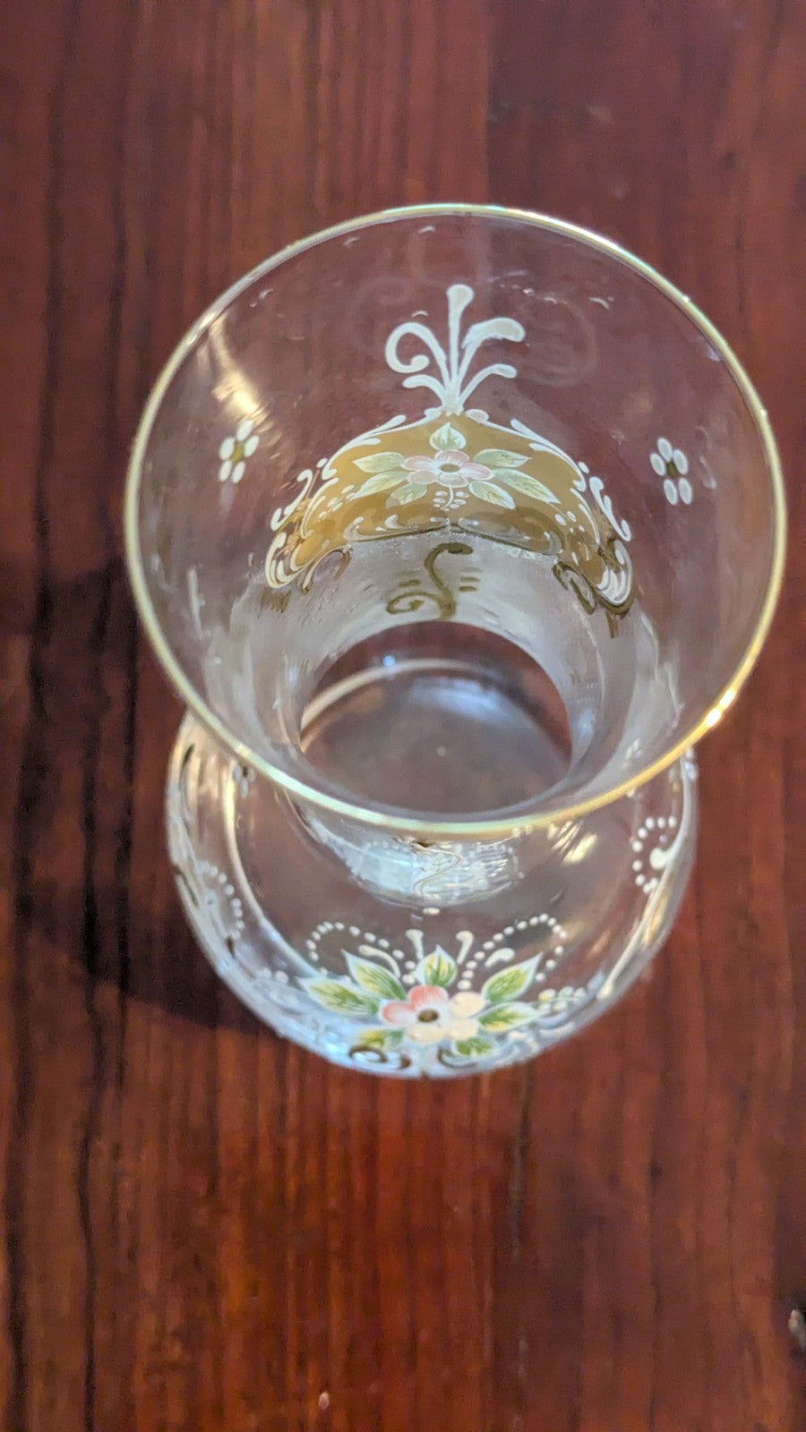 Vintage Glass Vase With Painted Flowers, Gold Accents And Designs, Home Decor