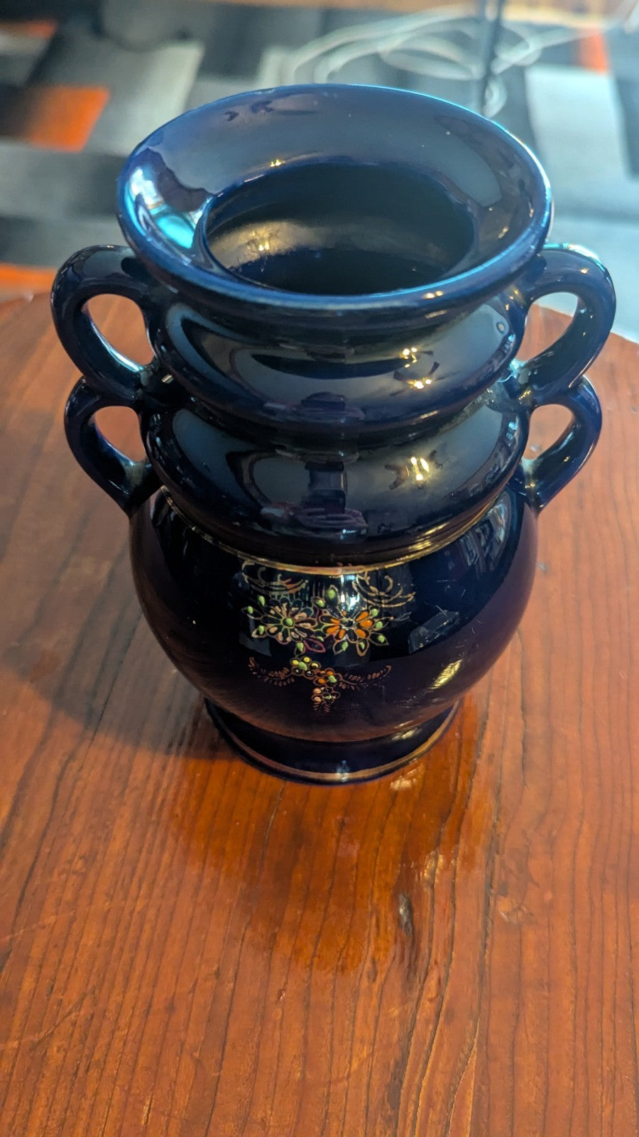 Vintage Kutani Japan Double Handled Hand Painted Cobalt Blue Ceramic Vase 6.5"