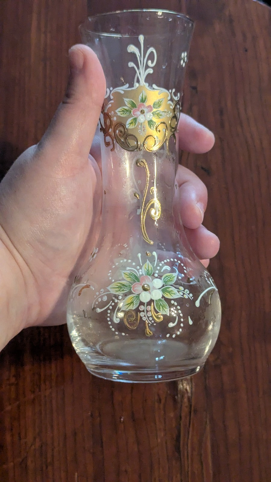 Vintage Glass Vase With Painted Flowers, Gold Accents And Designs, Home Decor