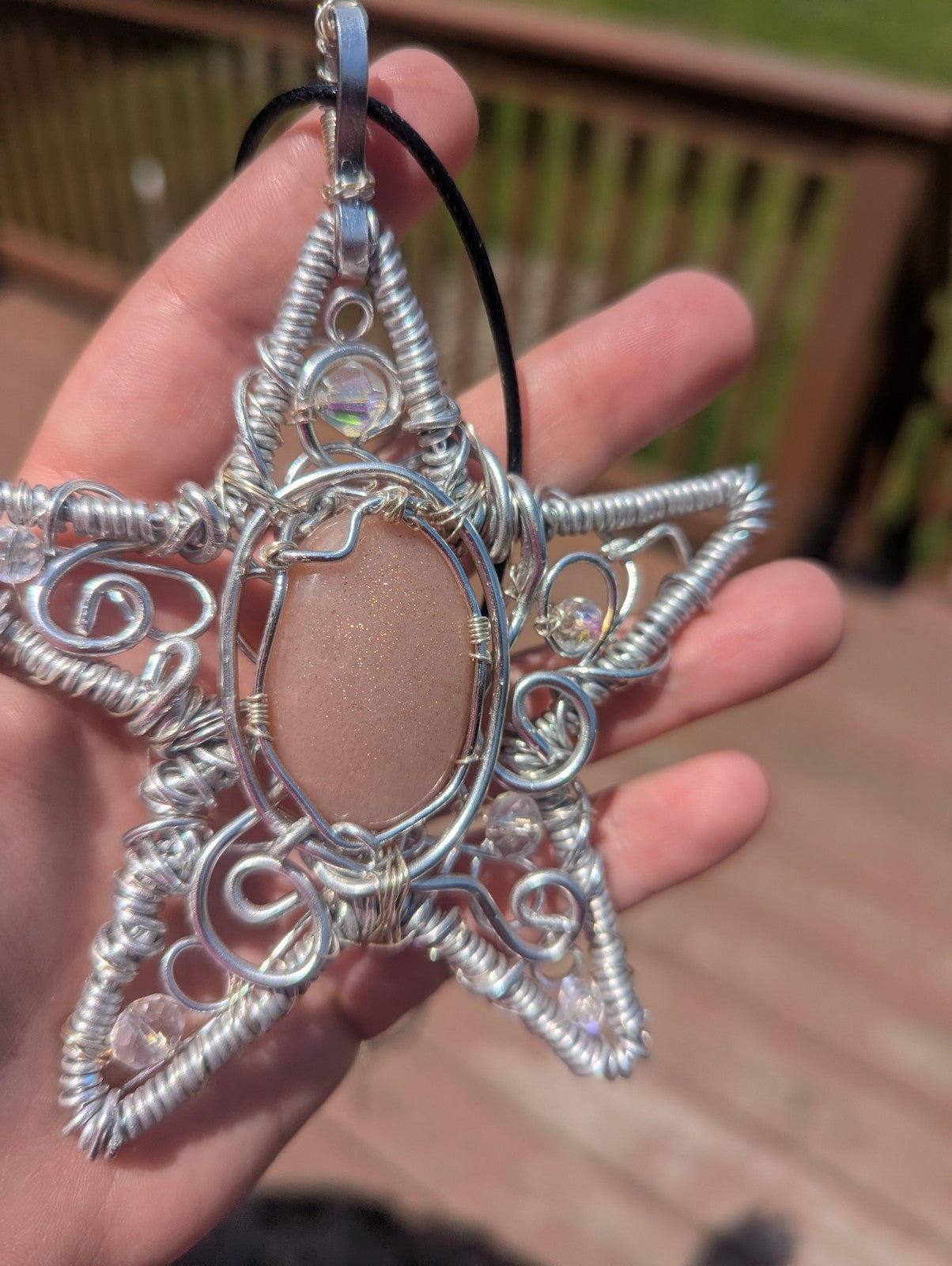 Retro Peach Moonstone Star Shaped Wire Necklace, Wicca, Halloween, Costume