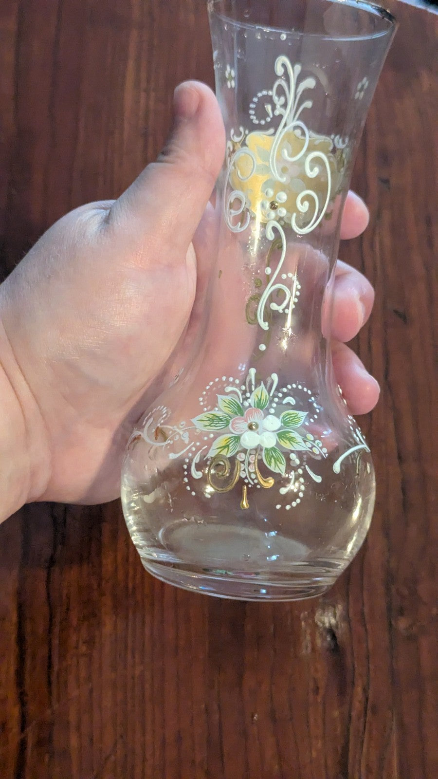 Vintage Glass Vase With Painted Flowers, Gold Accents And Designs, Home Decor