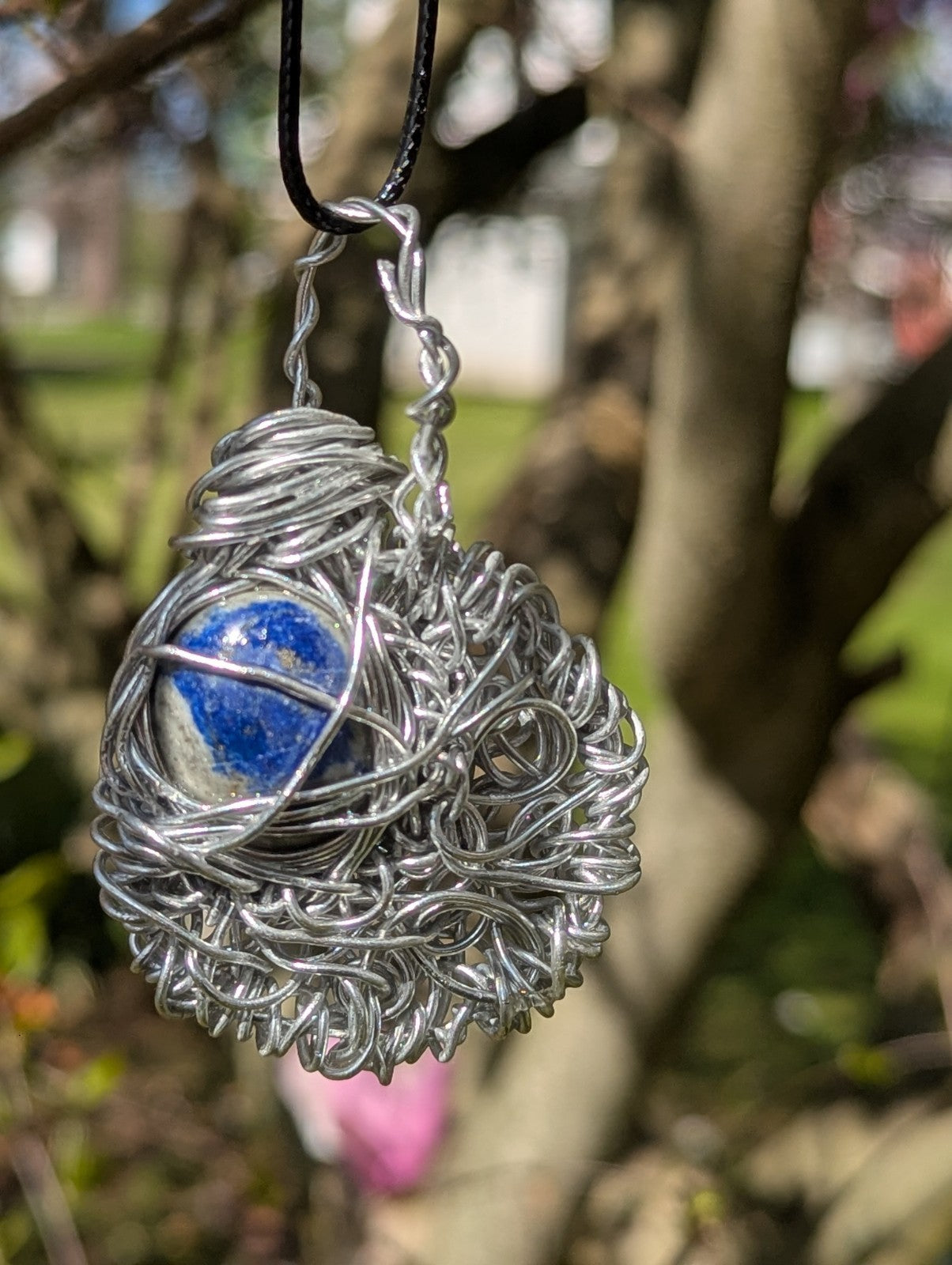 Lapis Lazuli Crescent Moon Wire Necklace for Wealth and Prosperity
