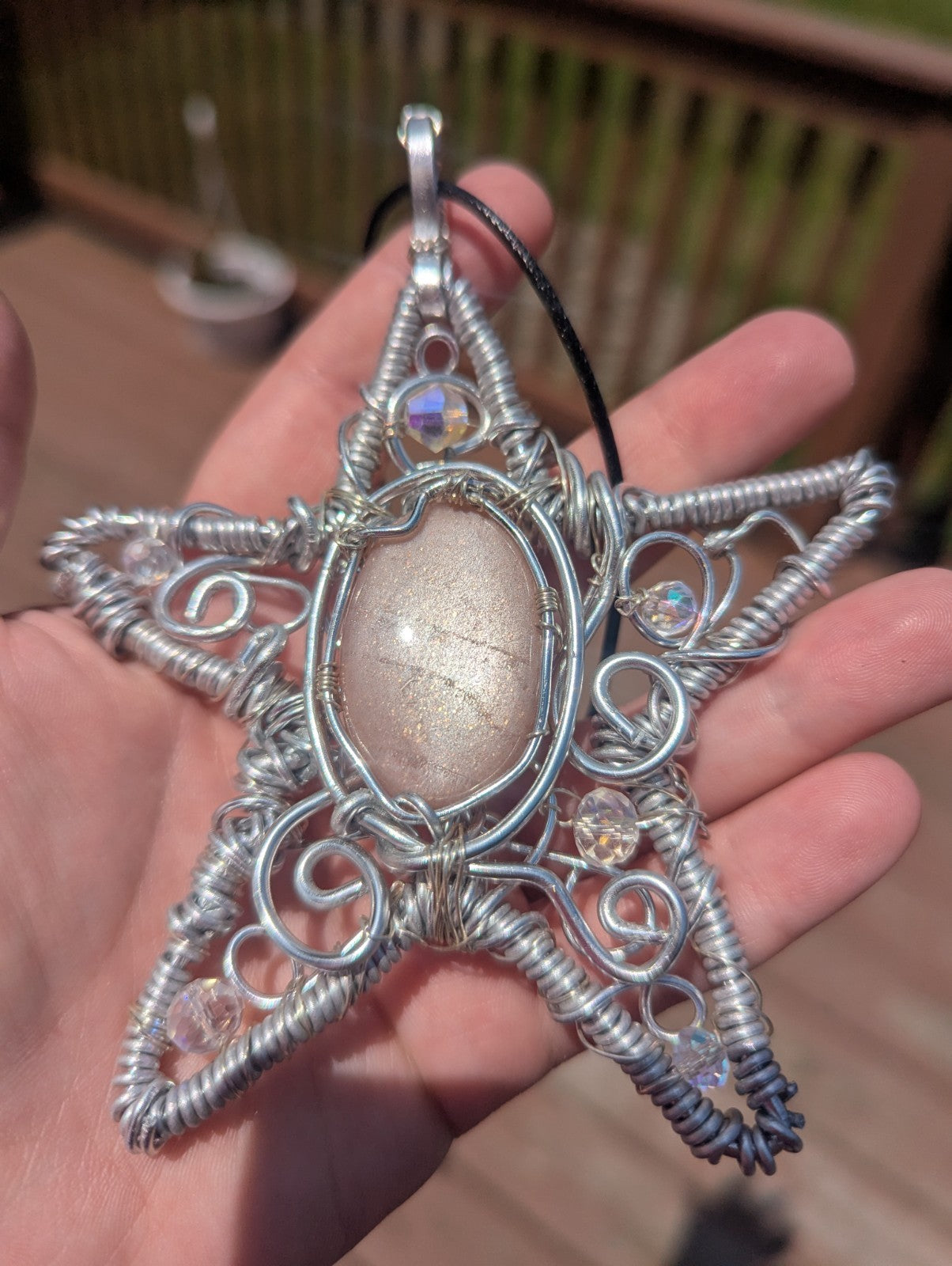 Retro Peach Moonstone Star Shaped Wire Necklace, Wicca, Halloween, Costume