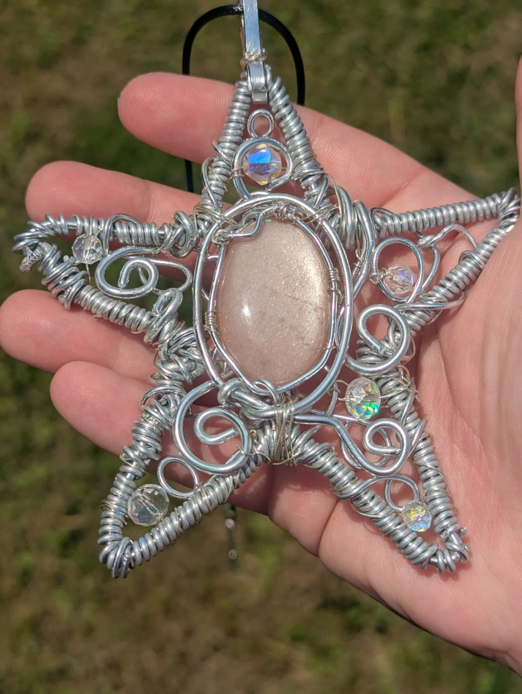 Retro Peach Moonstone Star Shaped Wire Necklace, Wicca, Halloween, Costume