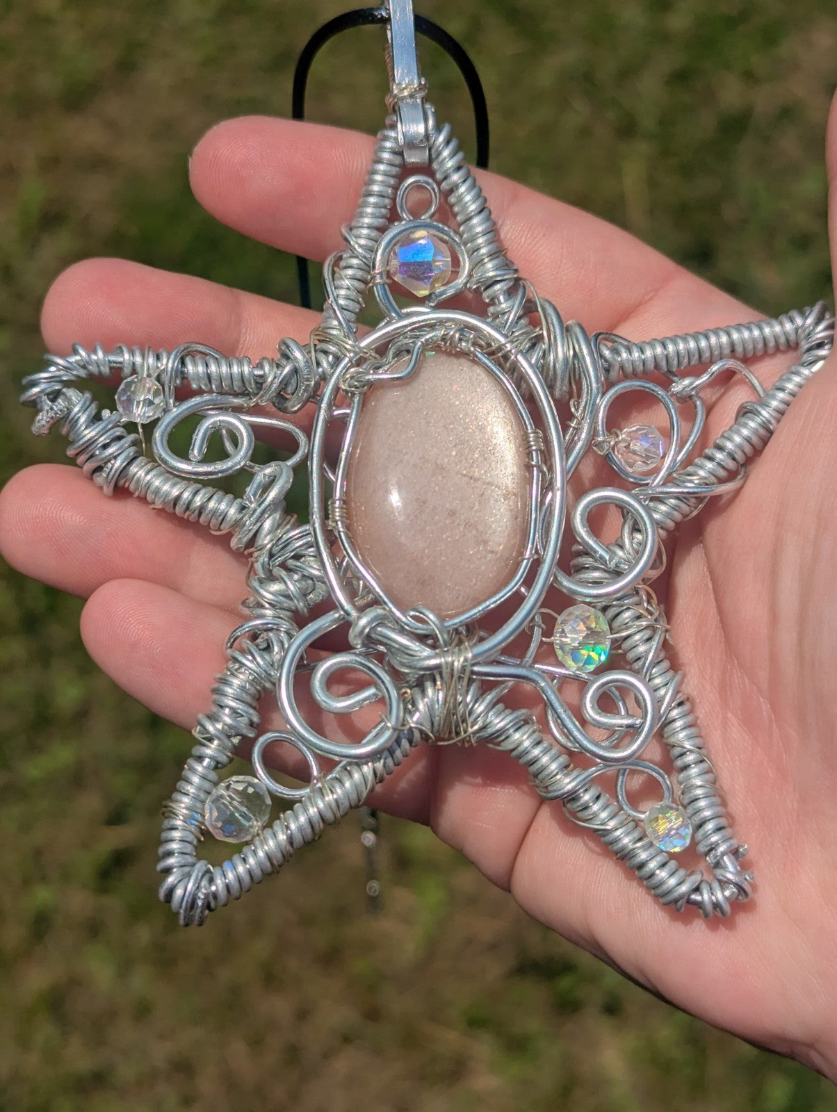 Retro Peach Moonstone Star Shaped Wire Necklace, Wicca, Halloween, Costume