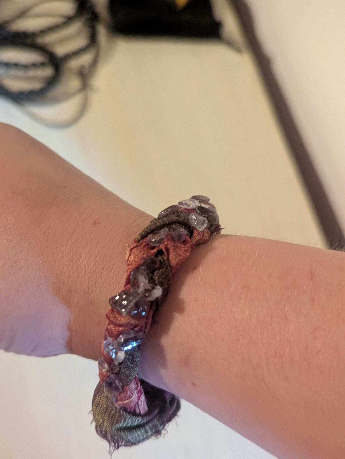 Aquamarine and Amethyst Sari Silk Braided Bracelet | Crystal Arborist