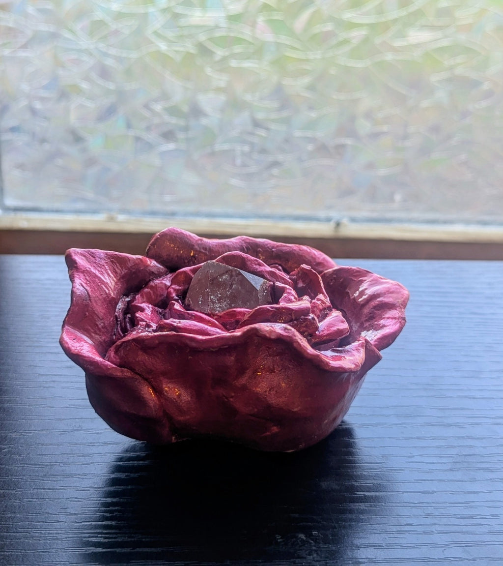 Red Rose Sculpture with Clear Quartz Point for Home Decor, Meditation