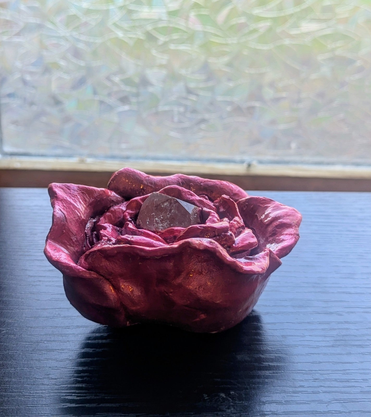 Red Rose Sculpture with Clear Quartz Point for Home Decor, Meditation