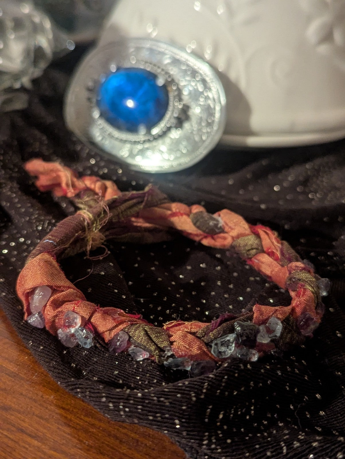 Aquamarine and Amethyst Sari Silk Braided Bracelet