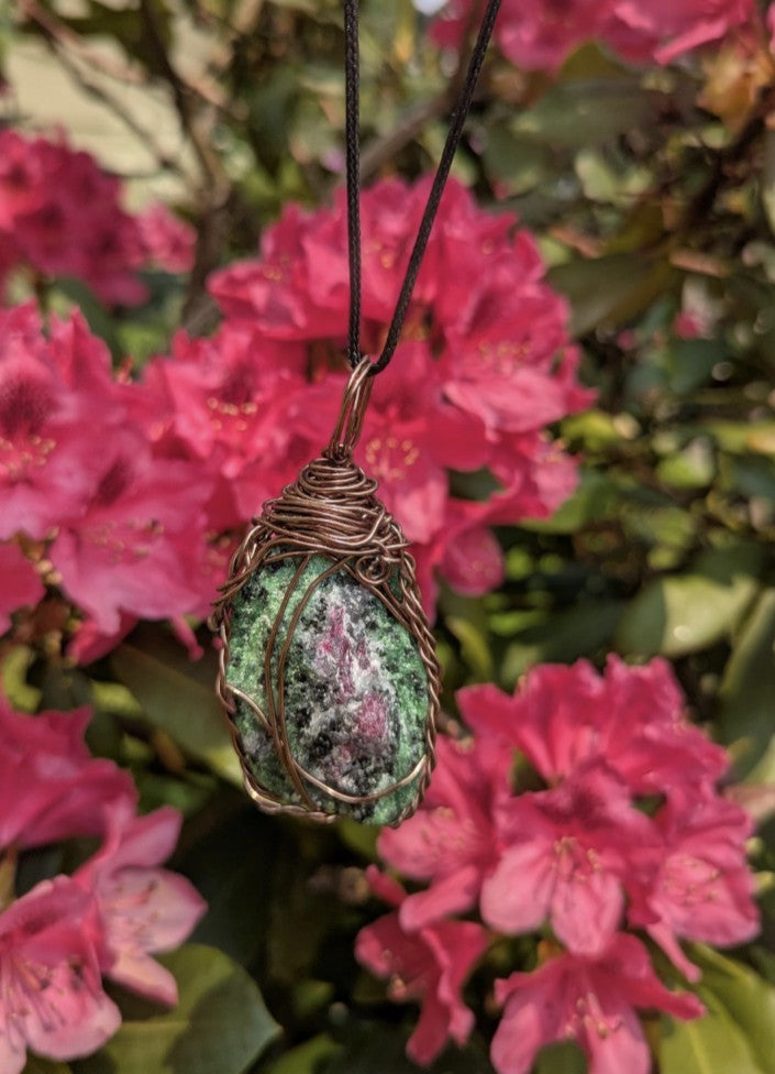 Natural Ruby in Zoisite Wirewrapped Necklace for Harmony and Balance