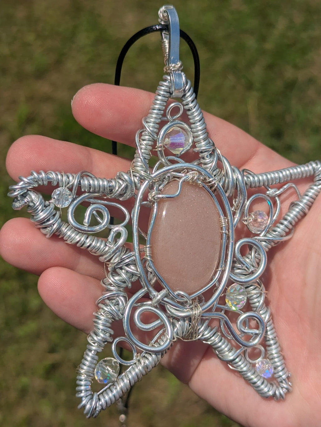 Retro Peach Moonstone Star Shaped Wire Necklace, Wicca, Halloween, Costume
