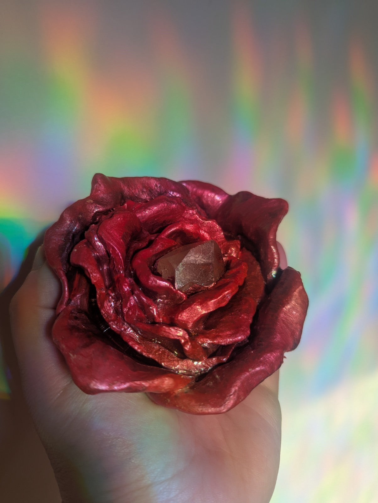 Red Rose Sculpture with Clear Quartz Point for Home Decor, Meditation