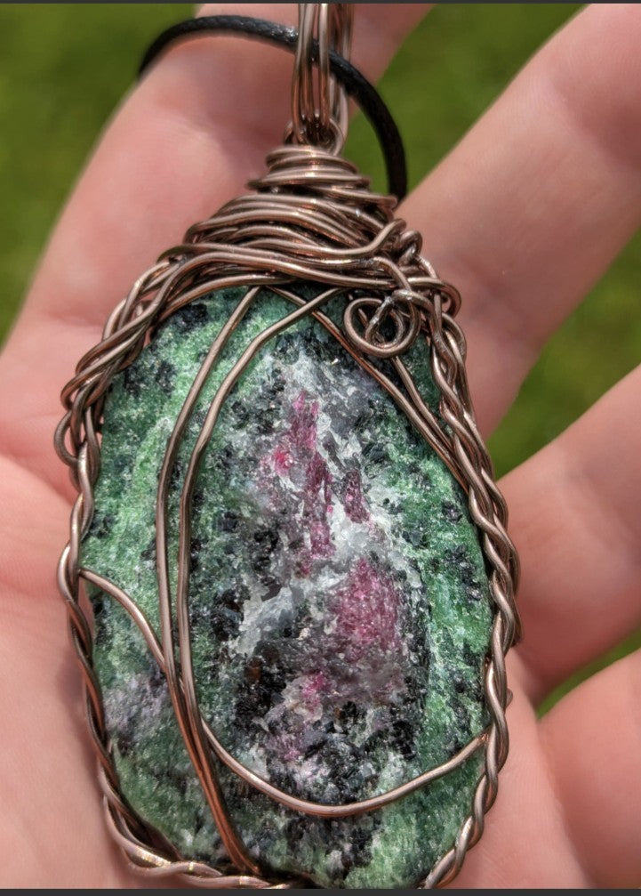Natural Ruby in Zoisite Wirewrapped Necklace for Harmony and Balance