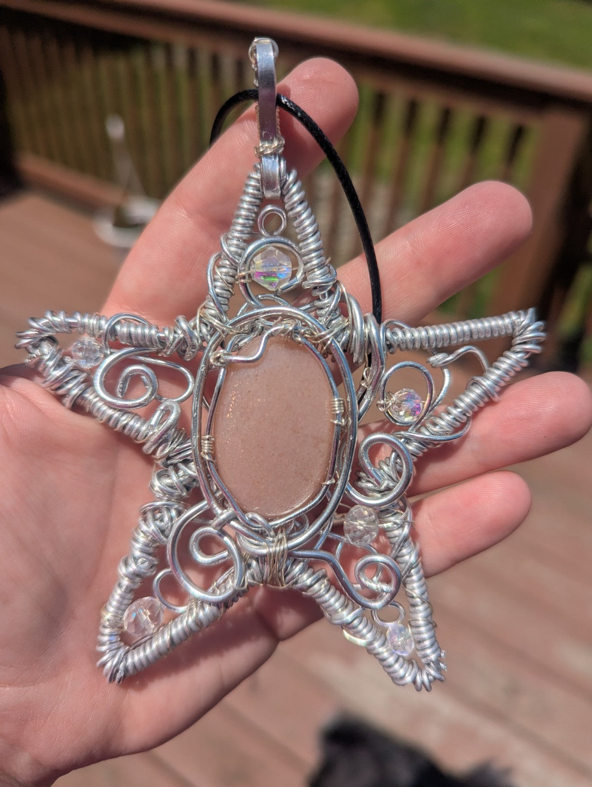 Retro Peach Moonstone Star Shaped Wire Necklace, Wicca, Halloween, Costume