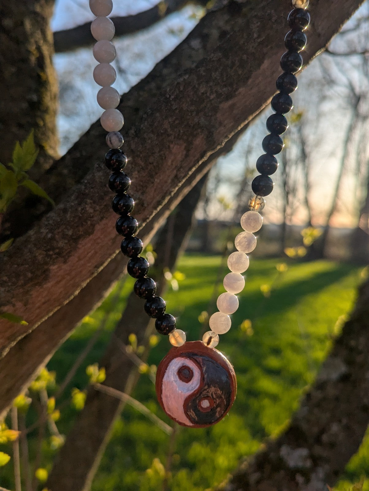 Yin & Yang Clay Pendant, Moonstone, Black Onyx, Dragon Vein Agate, Mala Beads