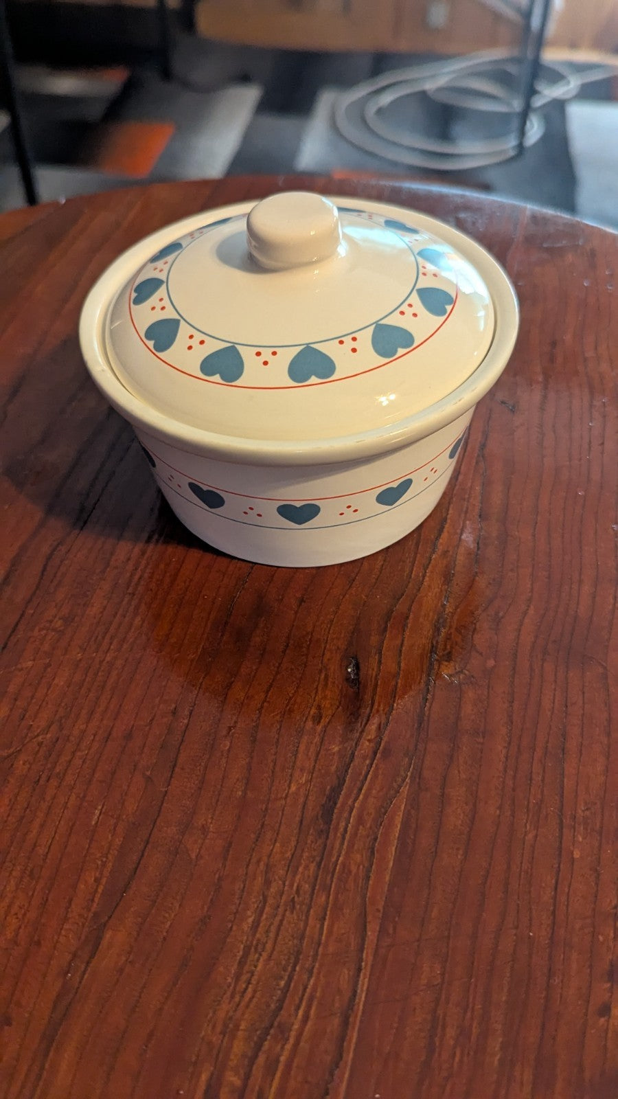 Vintage Sugar Dish, White With Blue Hearts, Cottage & Country Home Design