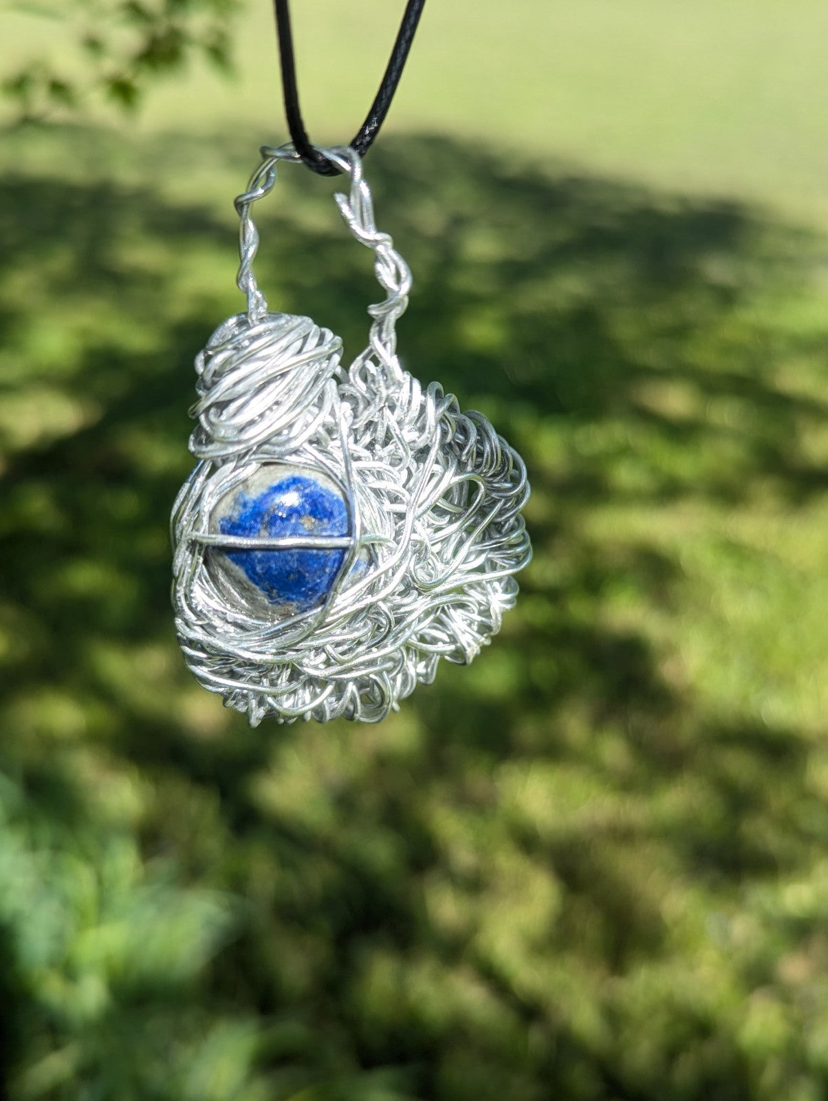 Lapis Lazuli Crescent Moon Wire Necklace for Wealth and Prosperity