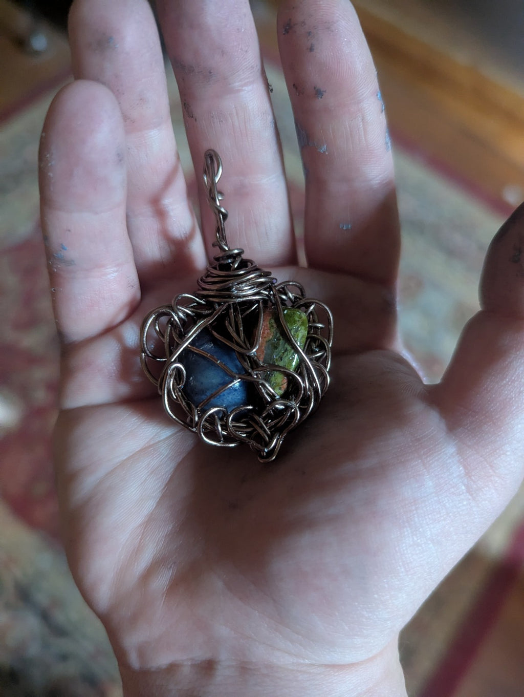 Unakite and Blue Aventurine Wire Pendant, Unique Design, Heart Shaped, Lovely