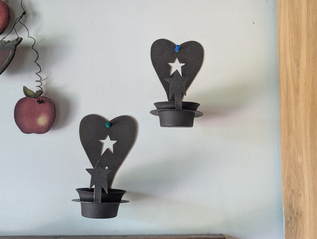 Vintage Hearts and Stars Candle Holders, Pair, Rustic, Country Design
