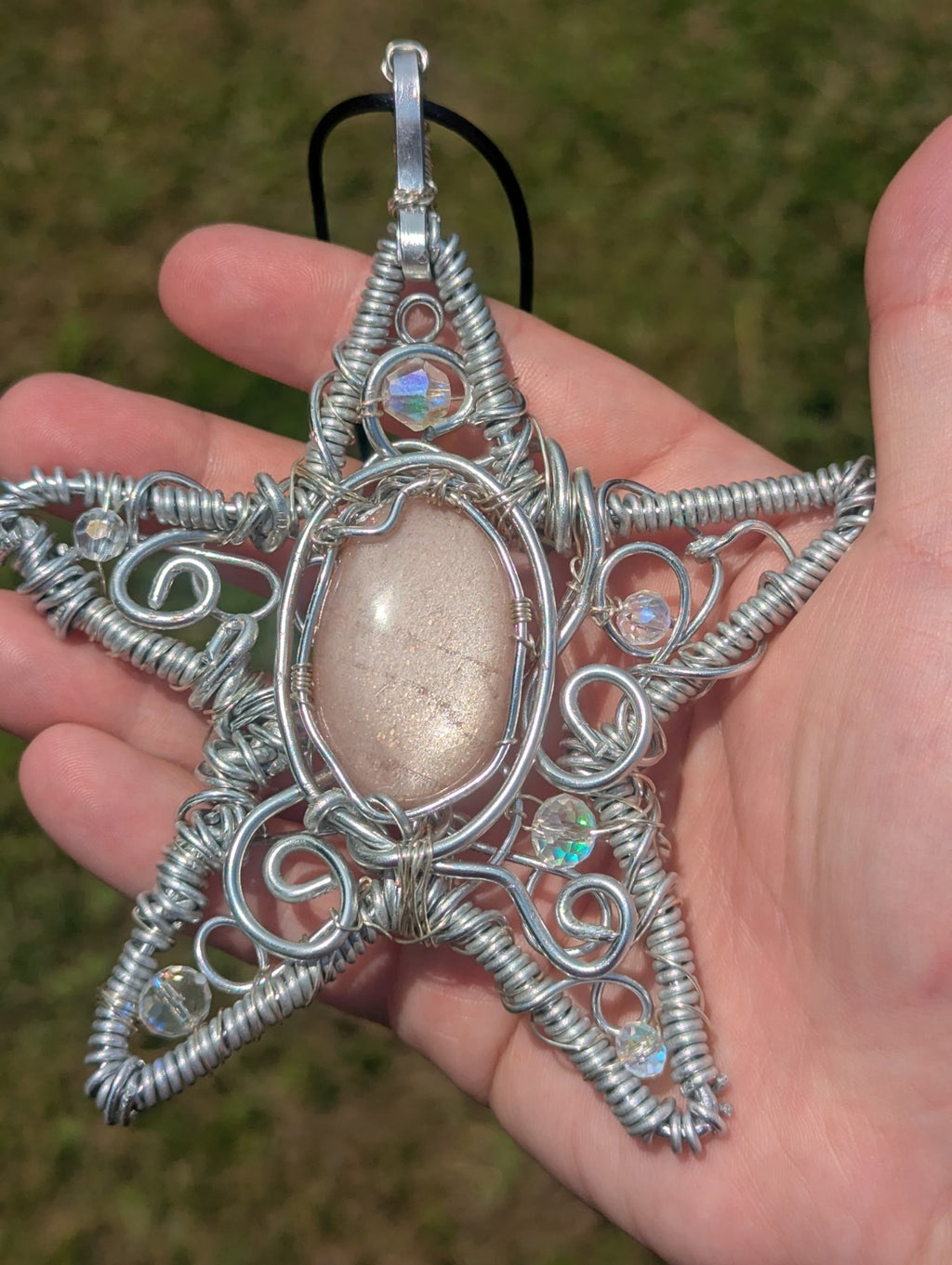 Retro Peach Moonstone Star Shaped Wire Necklace, Wicca, Halloween, Costume