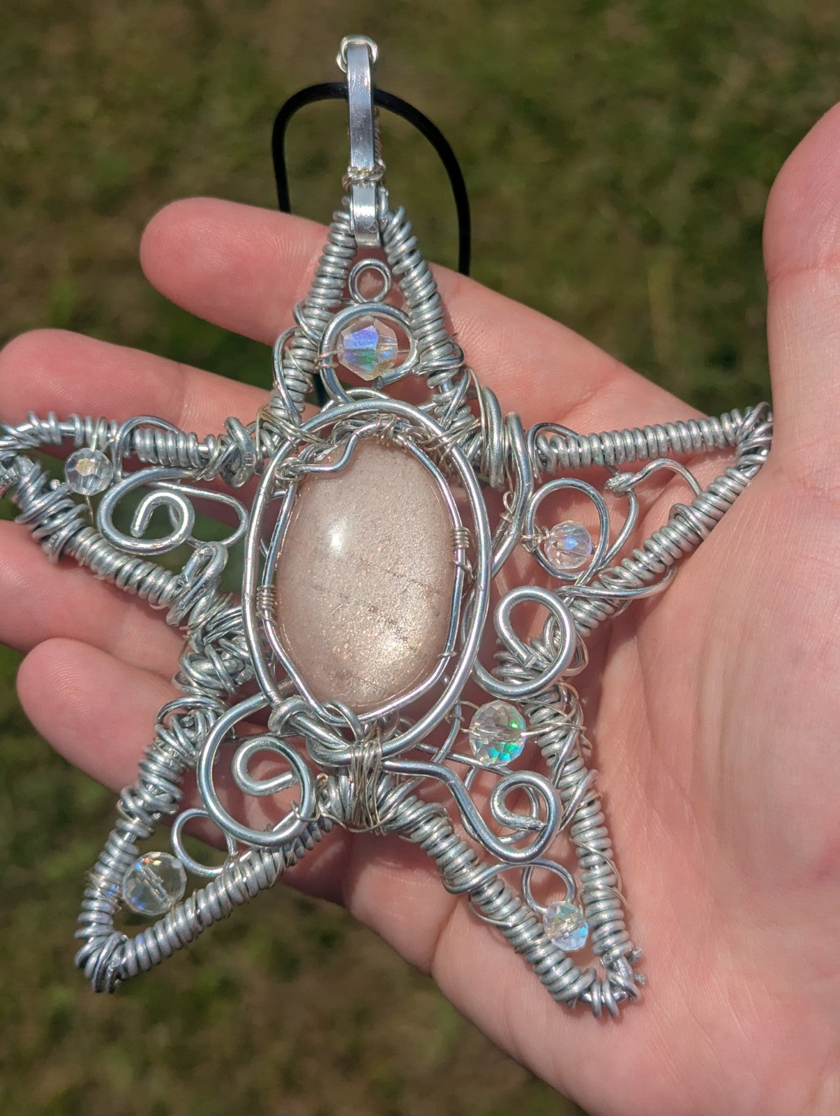 Retro Peach Moonstone Star Shaped Wire Necklace, Wicca, Halloween, Costume