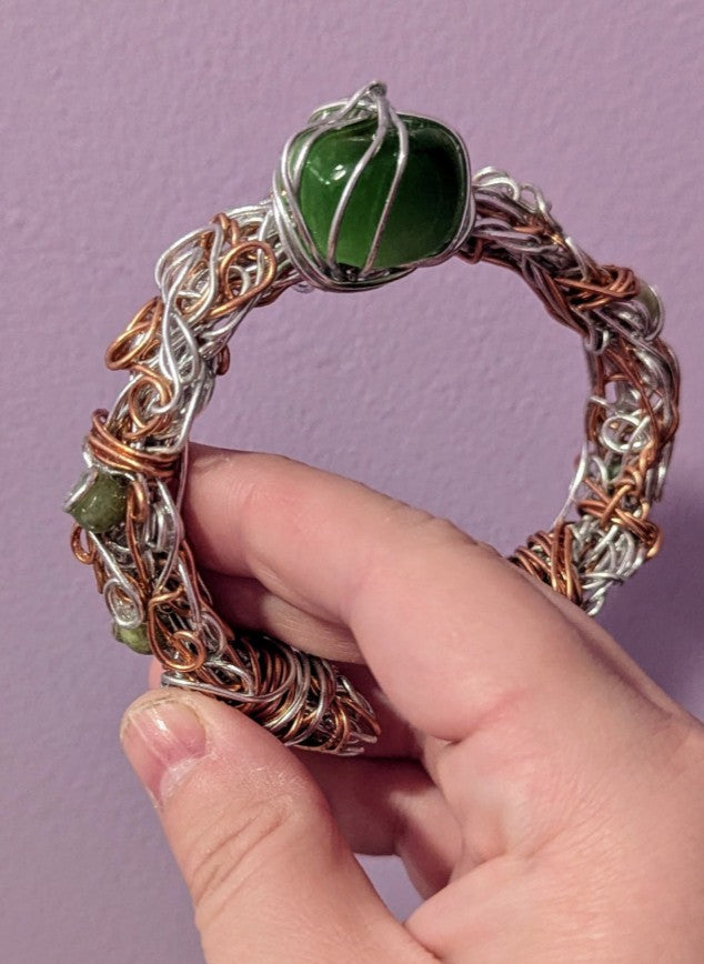 Cat's Eye and Green Jade Wire Bracelet For Luck and Protection