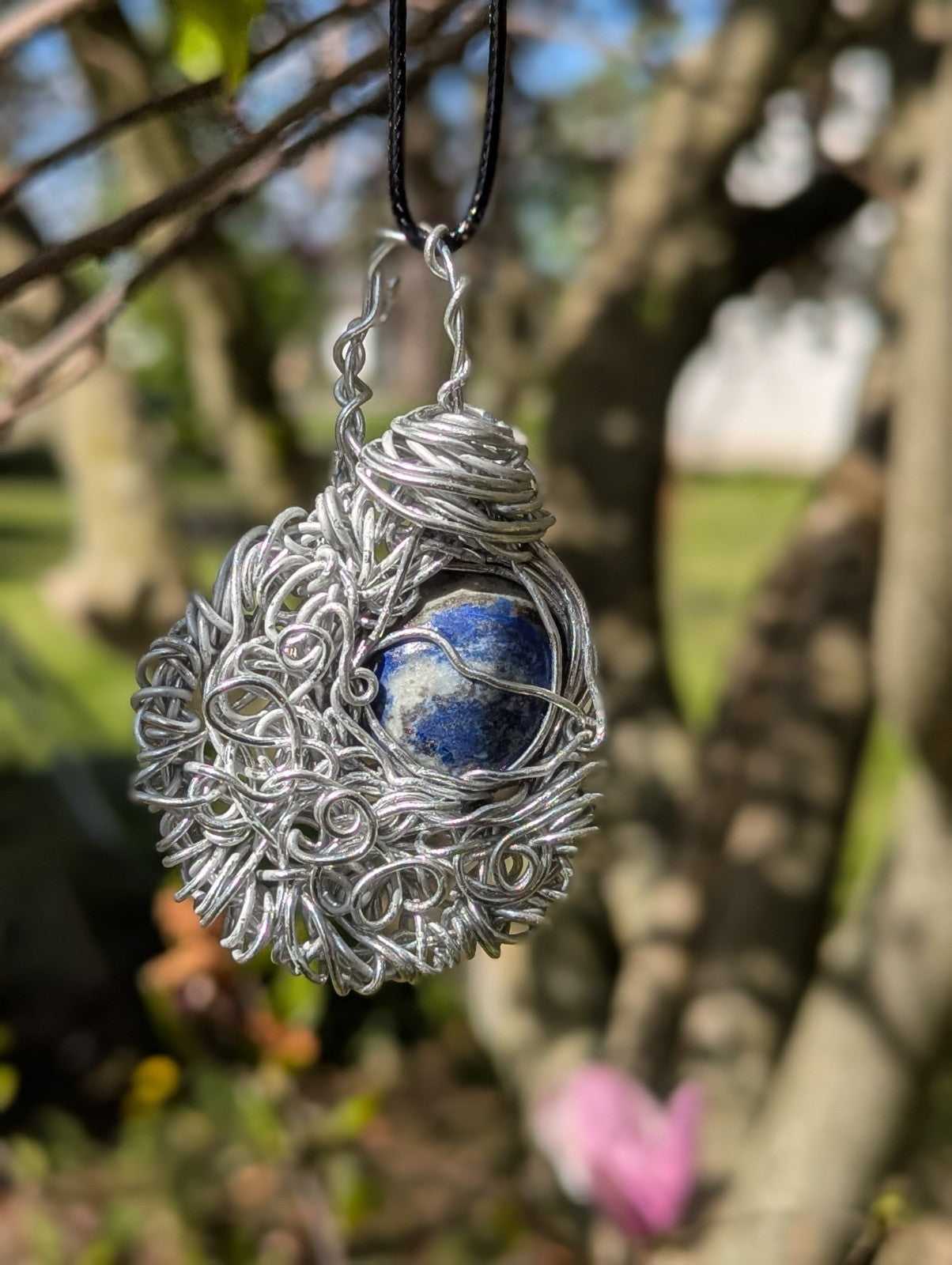 Lapis Lazuli Crescent Moon Wire Necklace for Wealth and Prosperity
