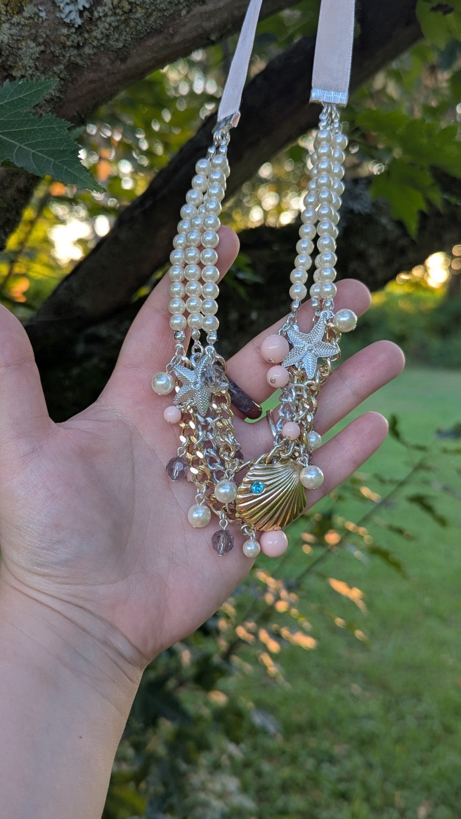 Vintage Pearls, Beads, And Seashell Pendant, With Matching Earings