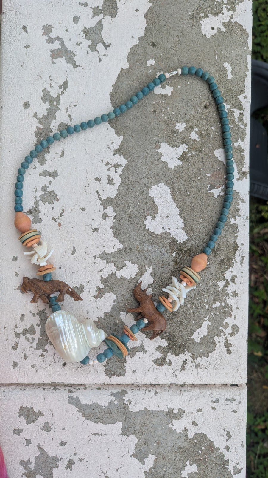 Vintage Necklace, Wooden Beads and Shells