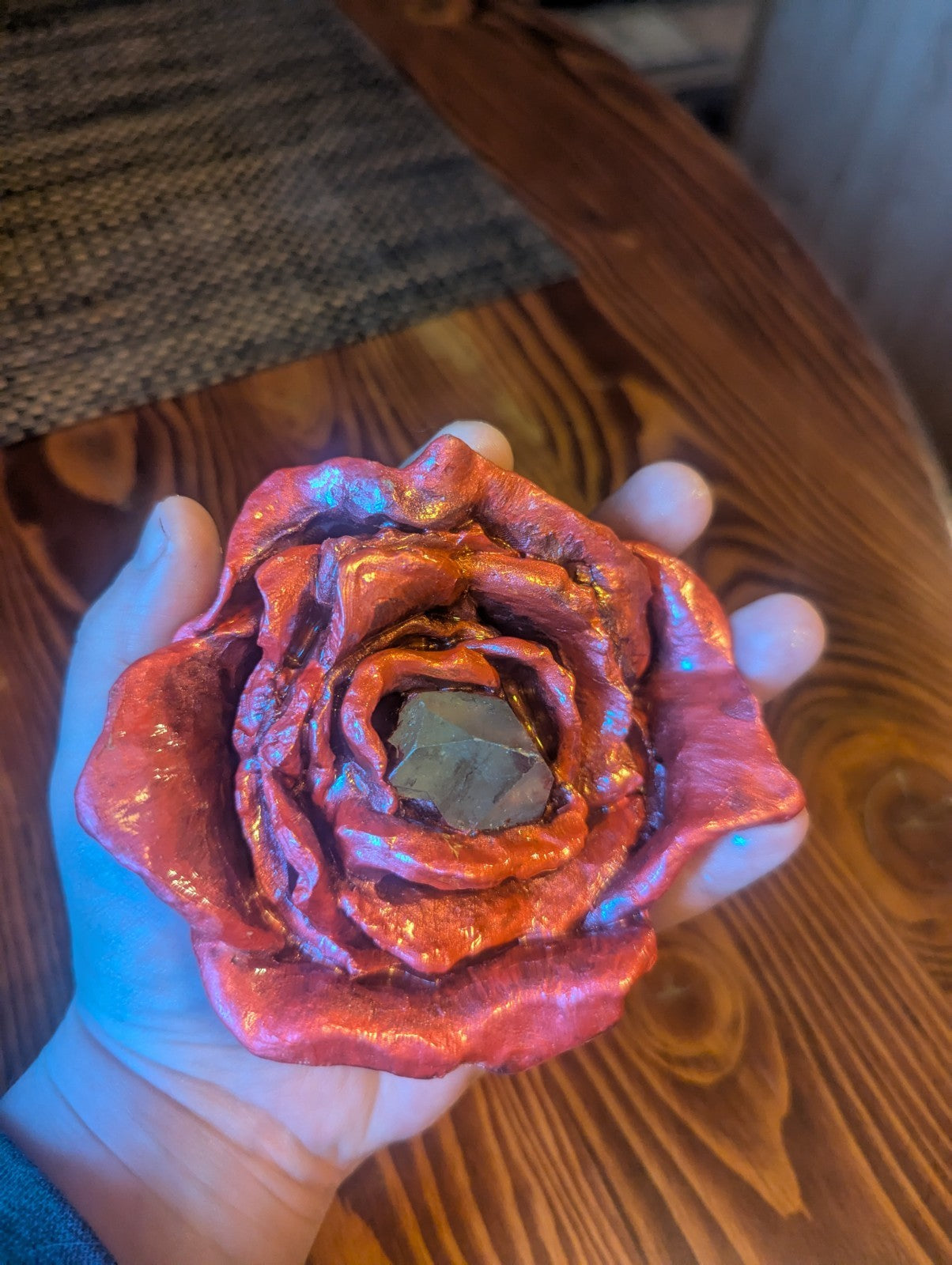 Red Rose Sculpture with Clear Quartz Point for Home Decor, Meditation