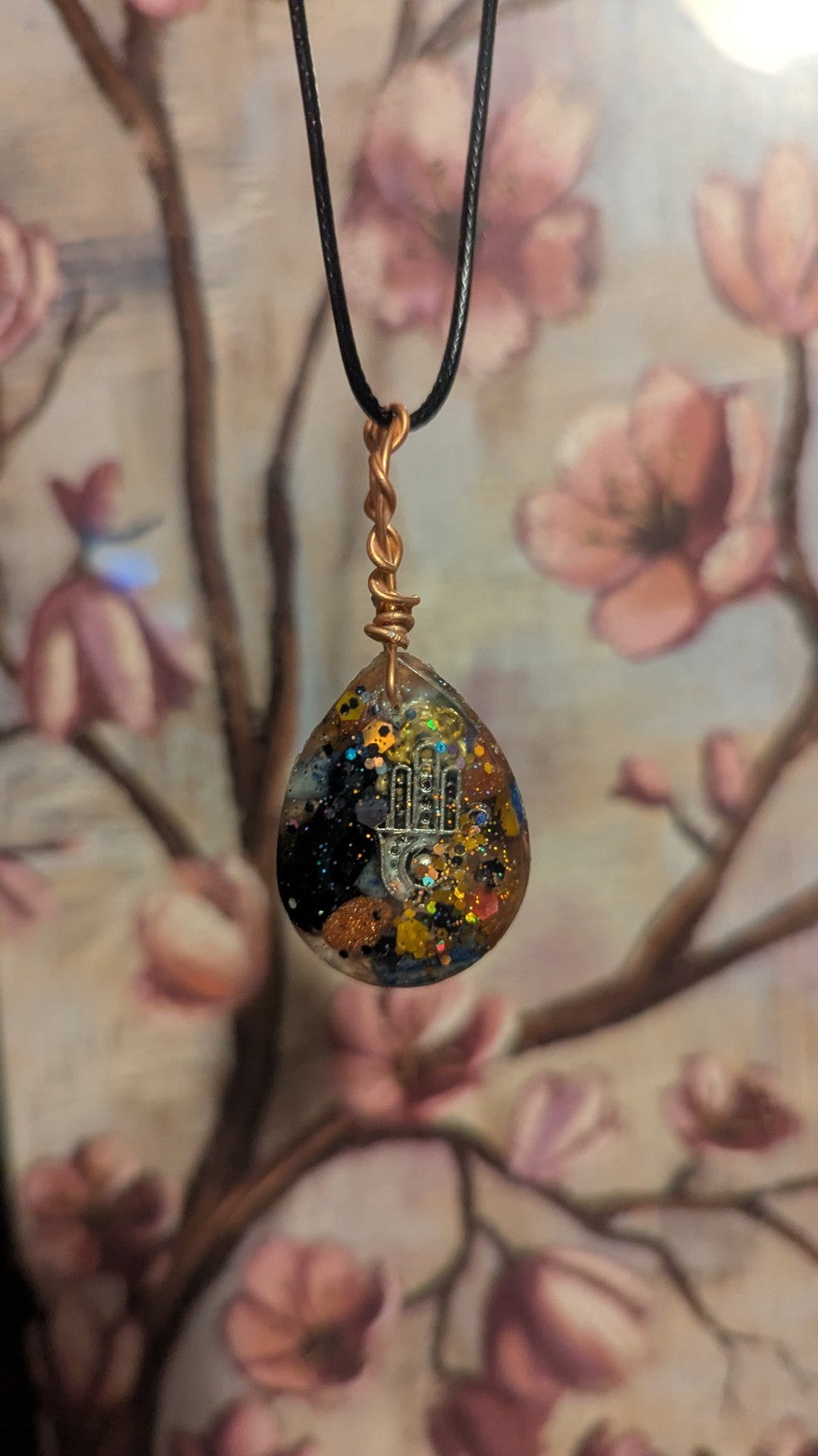 Lapis and Goldstone, Hamsa, Handmade Orgonite Necklace
