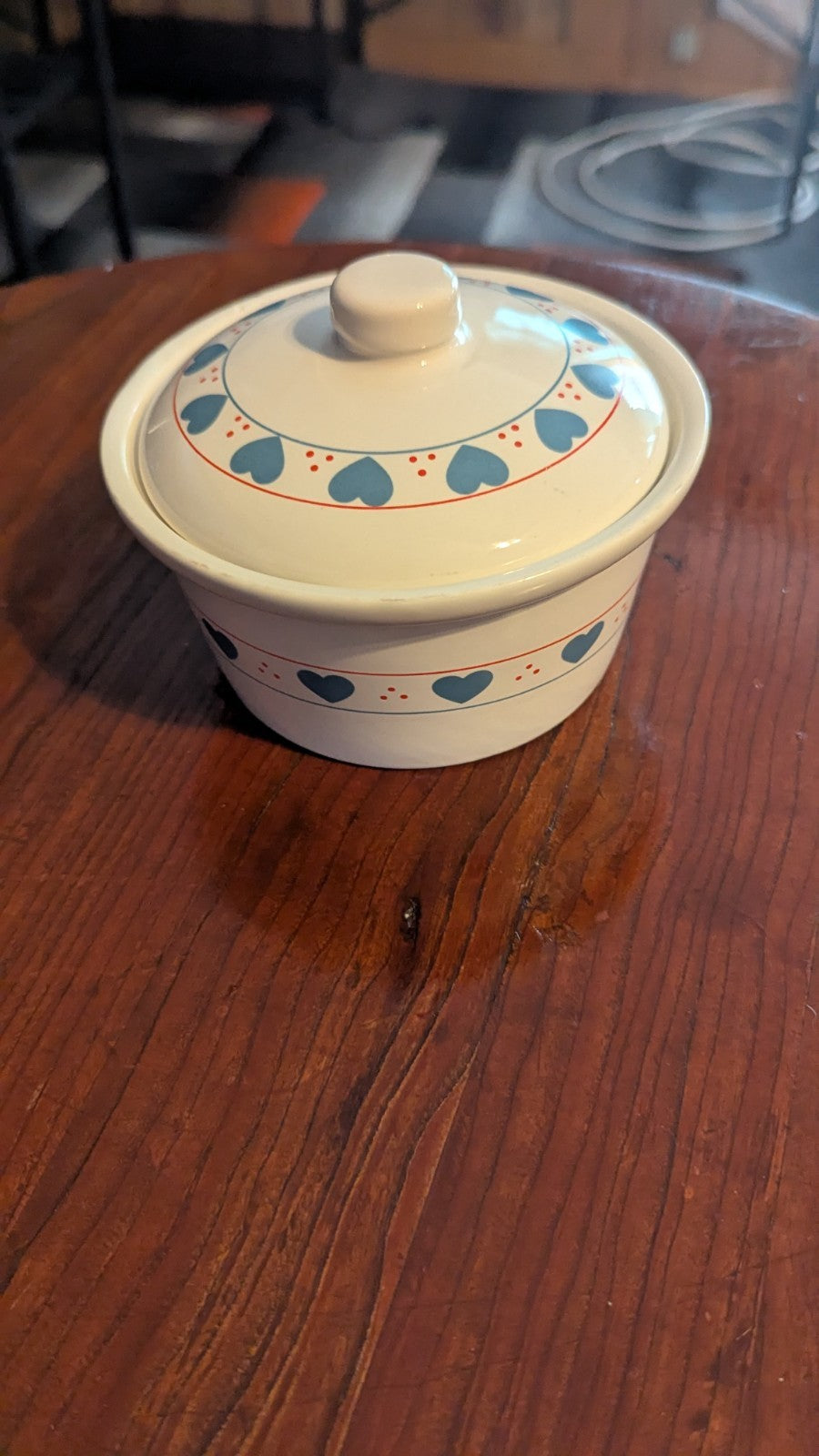 Vintage Sugar Dish, White With Blue Hearts, Cottage & Country Home Design