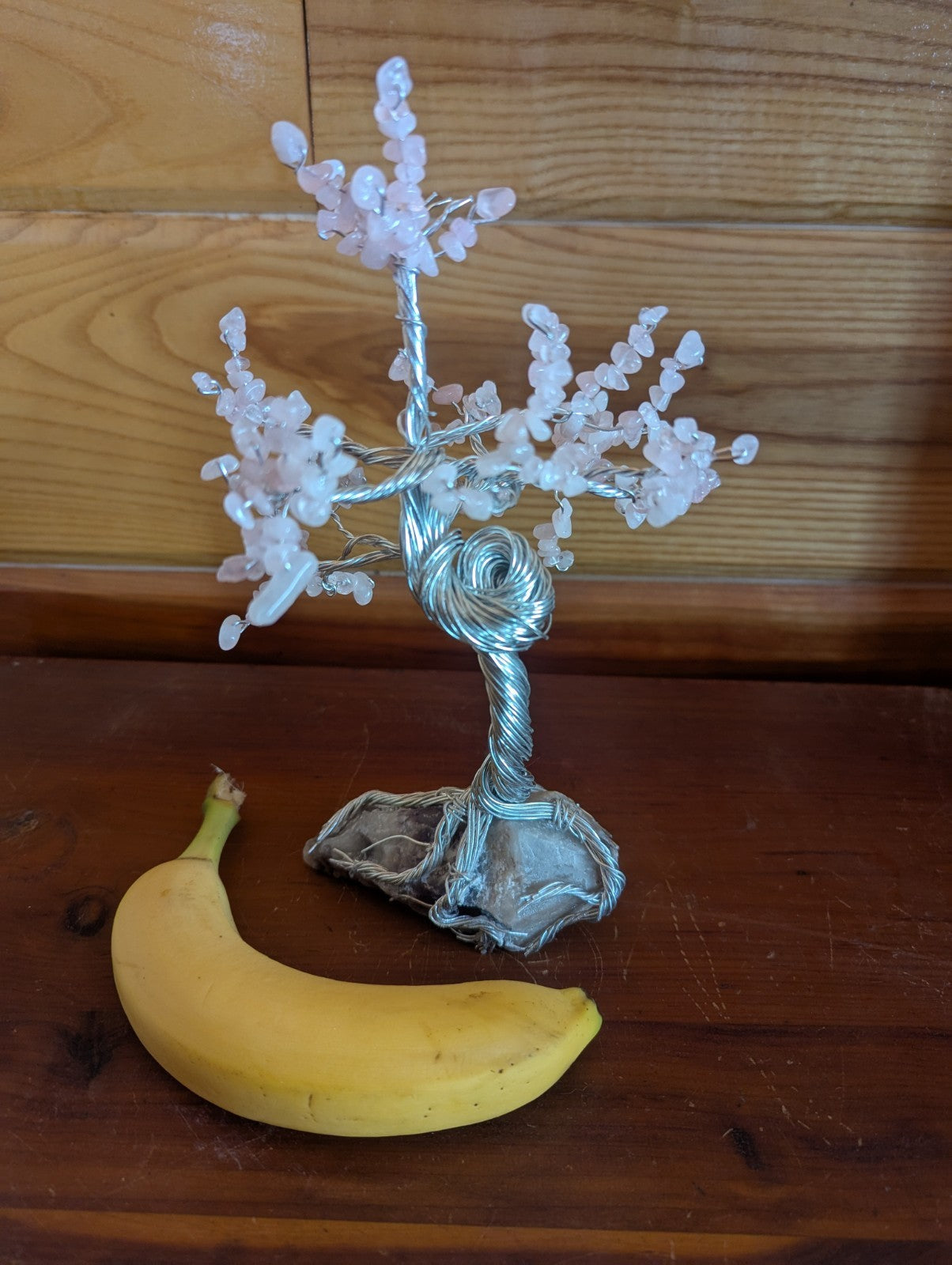 Amethyst and Rose Quartz Wire-Wrapped Tree: Gemstone Art for Love and Harmony
