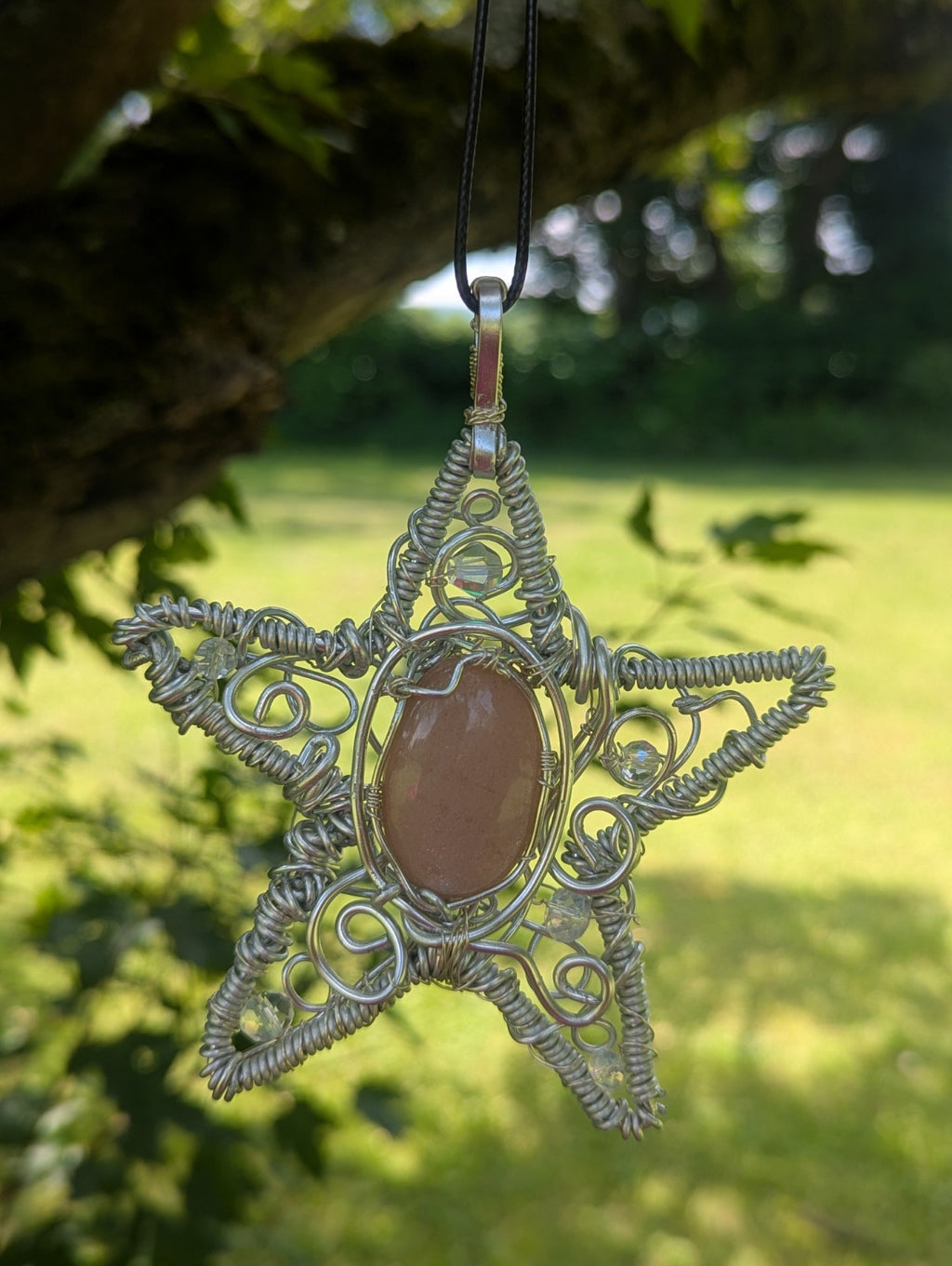 Retro Peach Moonstone Star Shaped Wire Necklace, Wicca, Halloween, Costume