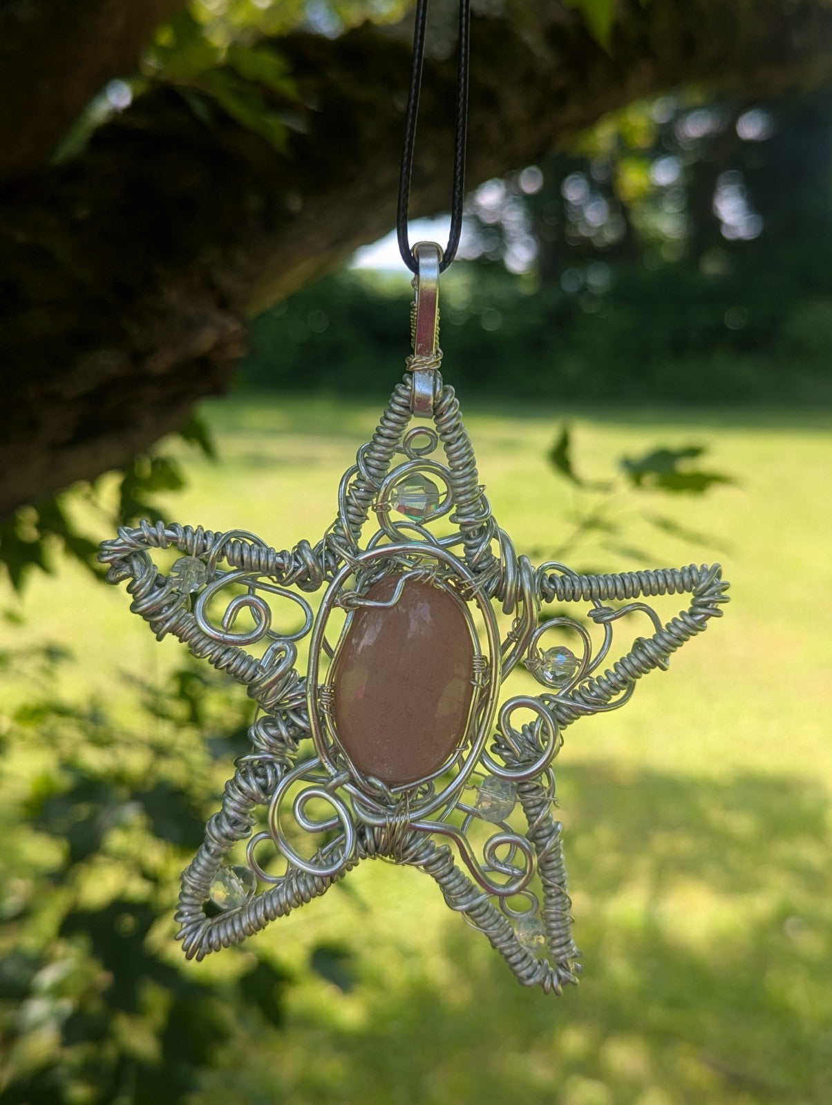 Retro Peach Moonstone Star Shaped Wire Necklace, Wicca, Halloween, Costume