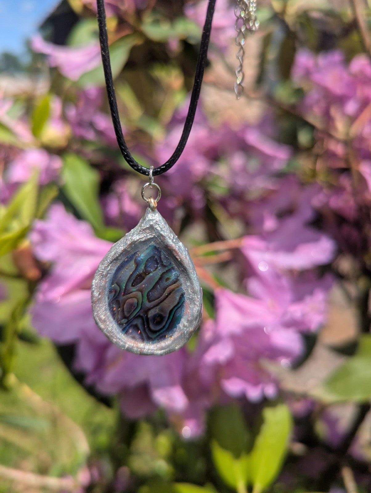Rare Abalone Shell Pendant, With  Hand Painted Terracotta Clay Frame