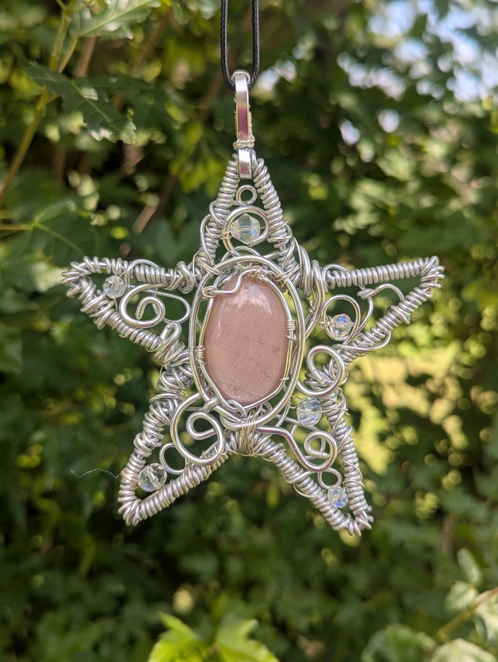 Retro Peach Moonstone Star Shaped Wire Necklace, Wicca, Halloween, Costume