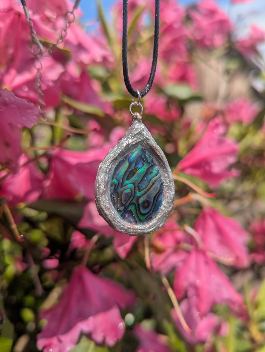 Rare Abalone Shell Pendant, With  Hand Painted Terracotta Clay Frame