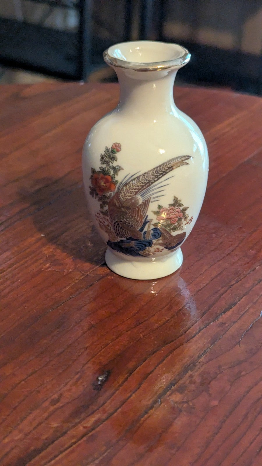Small White Oriental Vase With Pheasants And Flowers