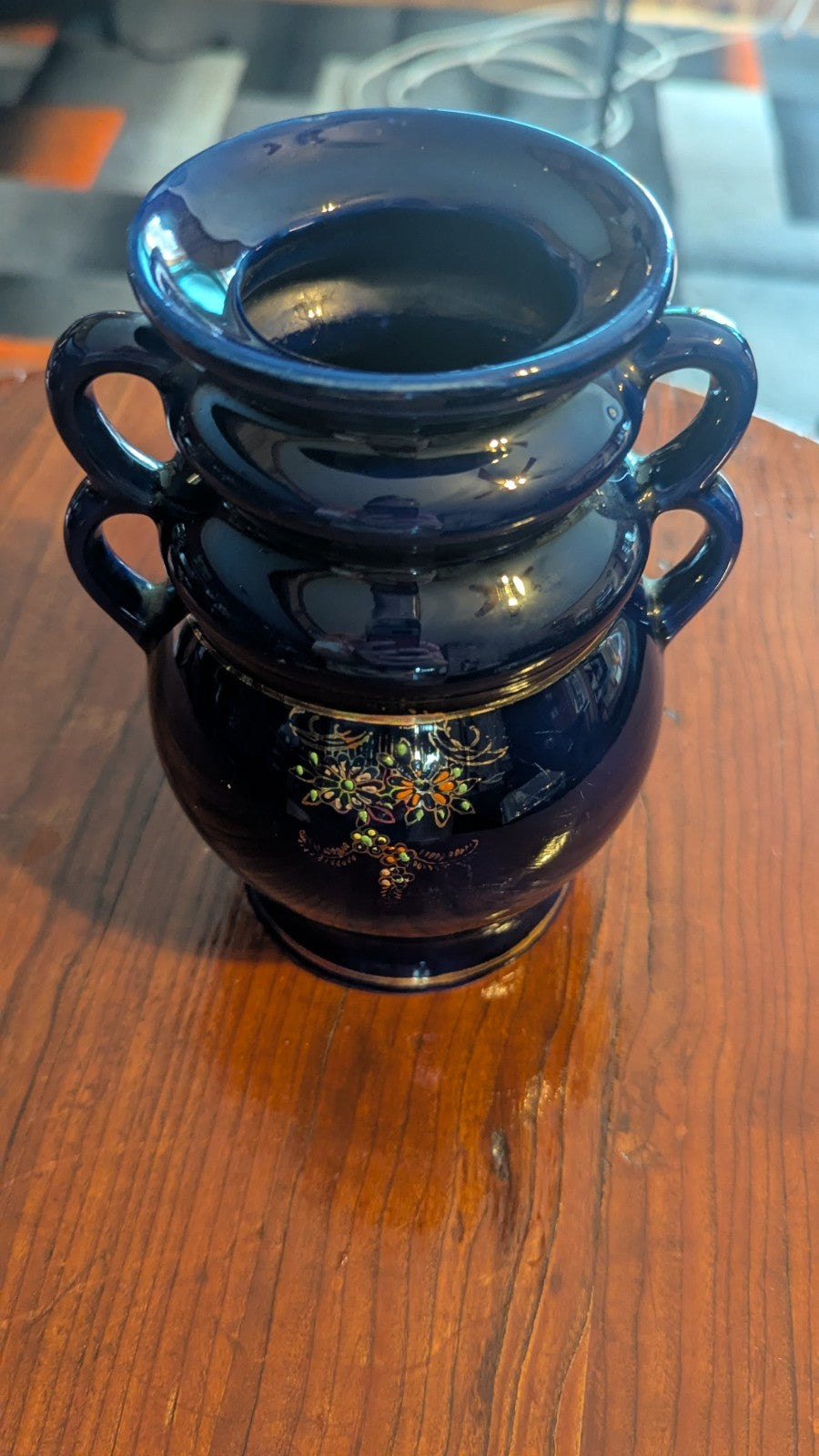 Vintage Kutani Japan Double Handled Hand Painted Cobalt Blue Ceramic Vase 6.5"