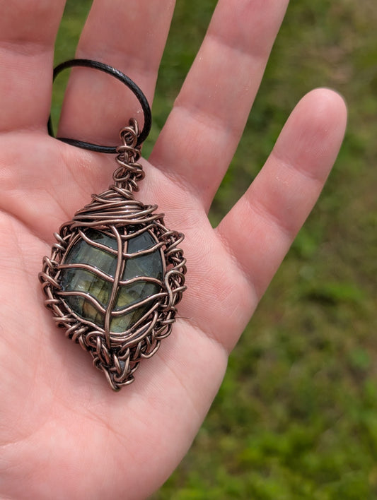 Shining Handcrafted Labradorite Leaf Wirewrapped Necklace | Crystal Arborist