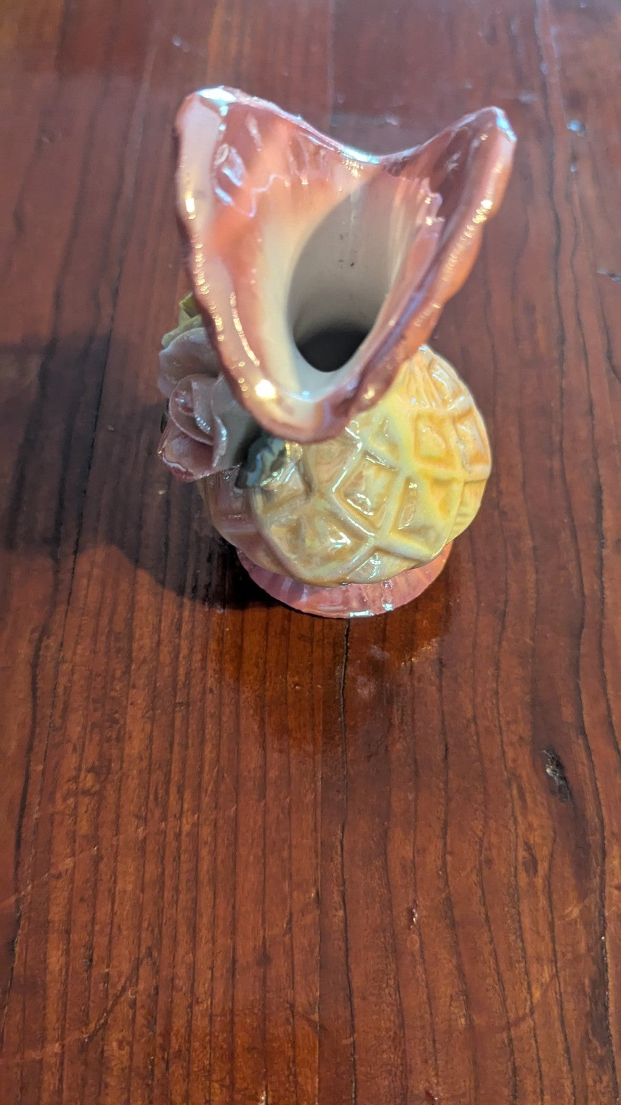 Small Pearlescent Vintage Vase, Sculpted Flowers, Iridescent
