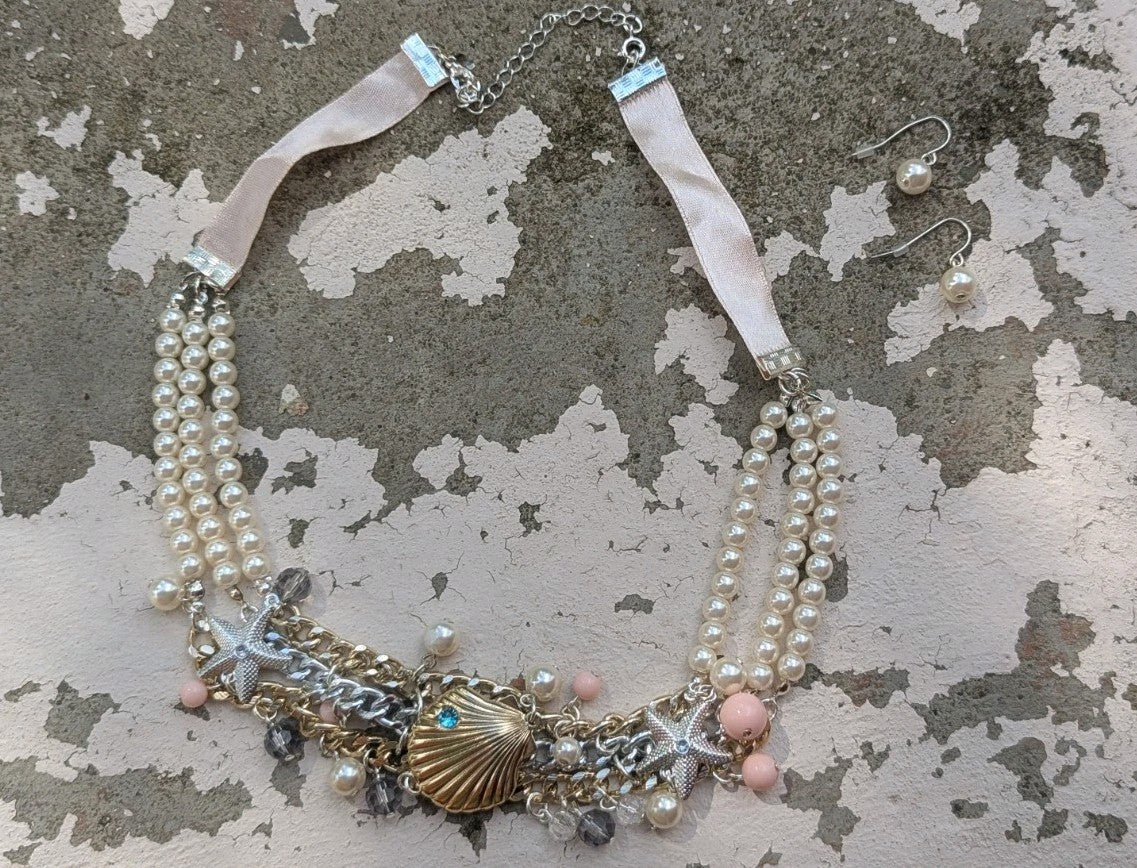 Vintage Pearls, Beads, And Seashell Pendant, With Matching Earings